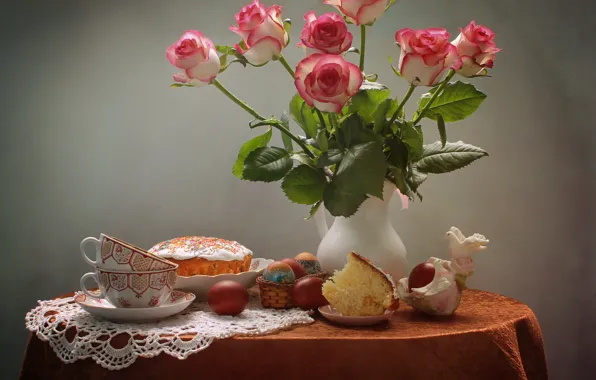 Picture flowers, table, holiday, roses, eggs, Easter, pigeons, Cup