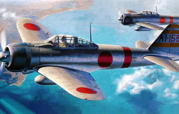 Picture fighter, art, airplane, painting, Mitsubishi A6M Zero