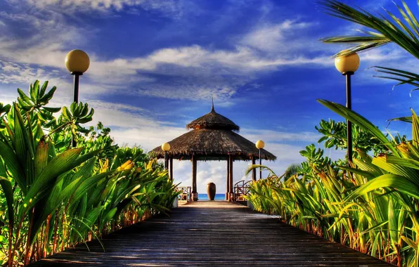 Sea, the sky, clouds, tropics, lights, the bridge, Bungalow