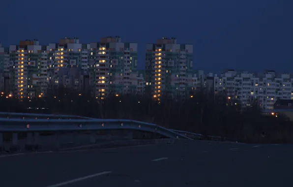 Road, the sky, trees, building, home, spring, the evening, lights