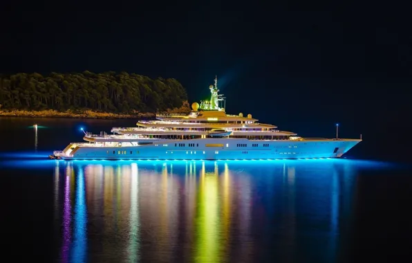Water, night, shore, ship, luxury, cruise liner