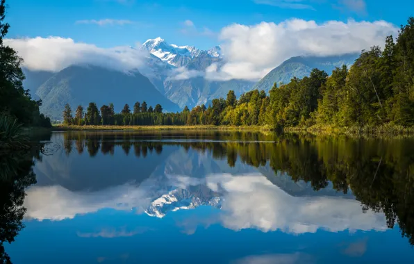 Forest, the sky, clouds, mountains, lake, New Zealand