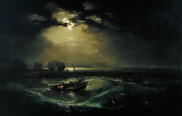 Wave, night, clouds, the moon, boat, picture, seascape, William Turner