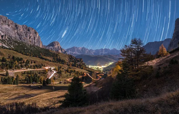 Road, autumn, forest, the sky, mountains, night, lights, hills