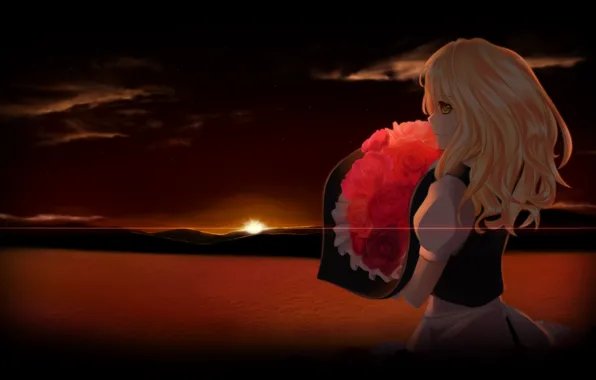 Sea, horizon, sunrise, long hair, dark sky, in profile, red roses, a bouquet of roses