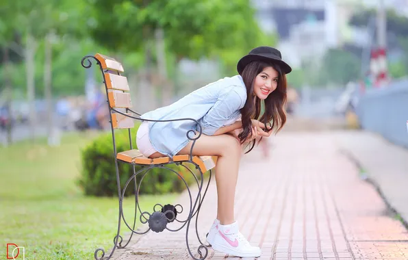 Girl, the city, smile, mood, street, Asian, bench