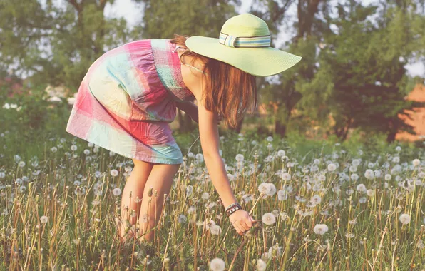 Picture girl, trees, flowers, hair, field, hat, solar, short dress