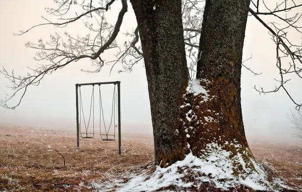 Picture frost, snow, swing, tree, branch, Playground, the beginning of winter, fog.
