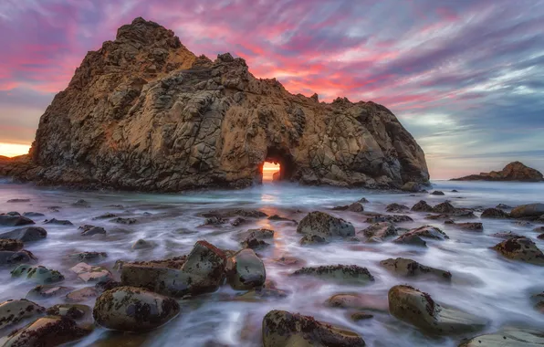 Beach, rock, the ocean, dawn, USA, USA, State California, California