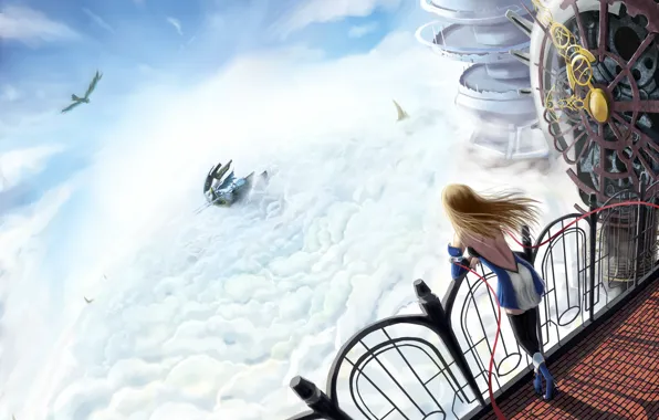 Hair, ship, blonde, developing, Blazblue, above the clouds, machine girl