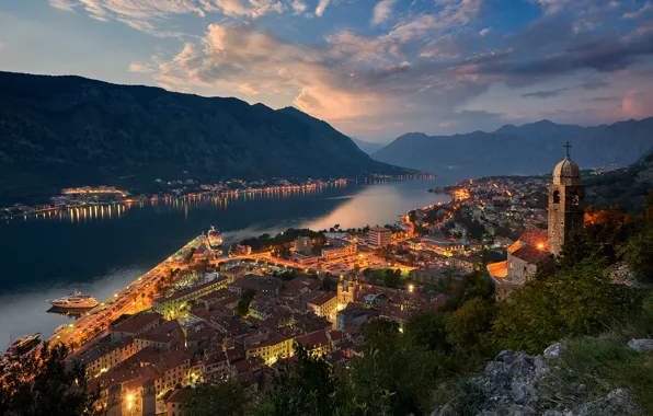 Light, mountains, the city, home, the evening, Church, Montenegro, To