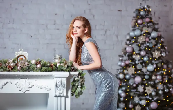 Picture girl, branches, pose, background, wall, holiday, balls, watch