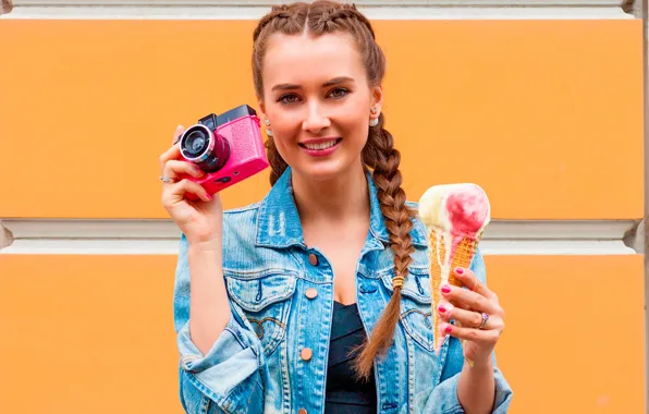 Girl, smile, portrait, makeup, hairstyle, the camera, ice cream, braids