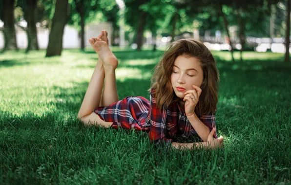 Grass, trees, barefoot, model, brunette, glasses, Valeria, plaid shirt
