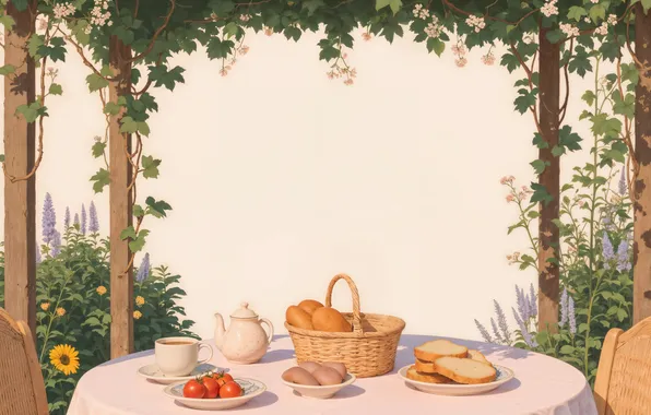 Flowers, table, food, Breakfast, kettle, bread, chairs, the tea party