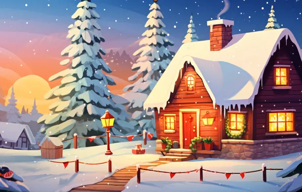 Winter, snow, house, holiday, graphics, Christmas, New year, house