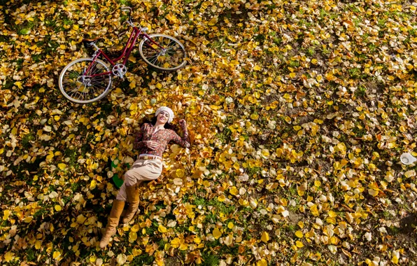 Picture autumn, leaves, girl, bike, Park, stay, lawn, nature