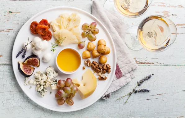 Table, wine, cheese, glasses, plate, grapes, nuts, honey