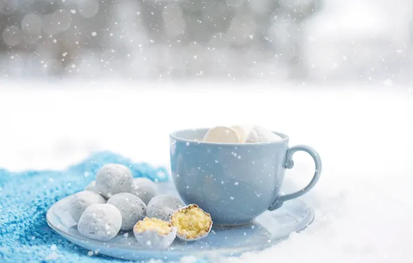 Winter, snow, cookies, hot chocolate