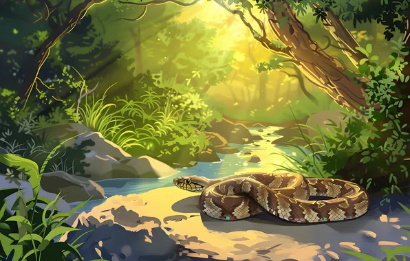 Snake, Trees, Forest, Art, River, Reptile, Animal, Digital art