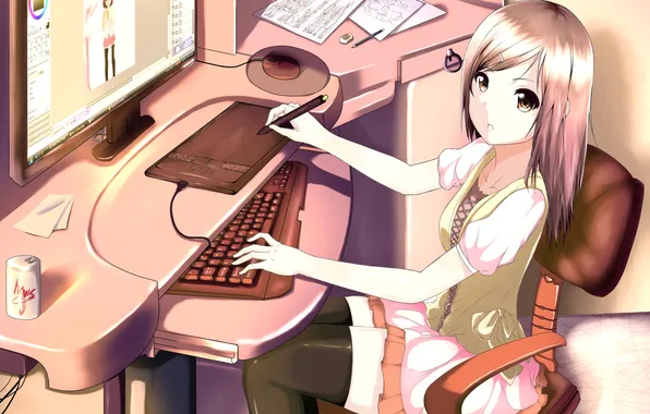 Computer, girl, room, art, drawing, hews