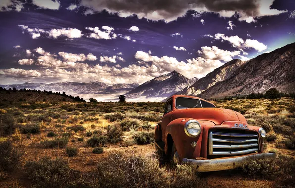 Picture field, the sky, mountains, cars, auto, pickup, obloka
