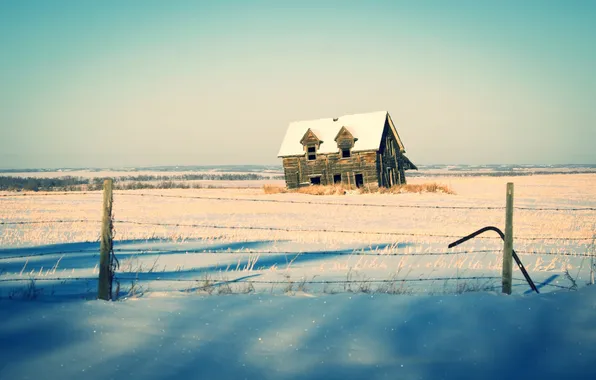 Winter, the sun, snow, house, the fence, shadows, farm