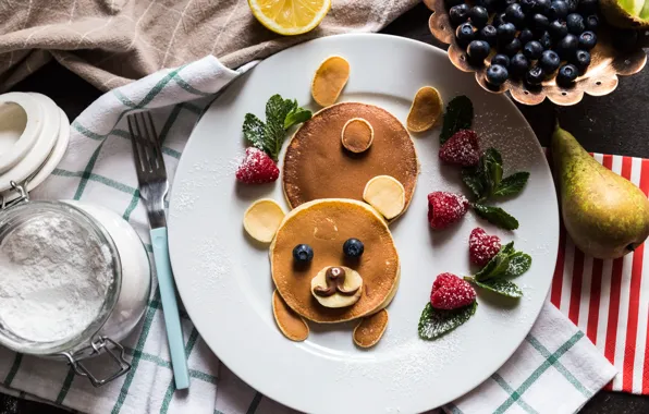 Berries, raspberry, Breakfast, blueberries, pancakes, blueberry, dessert, powdered sugar