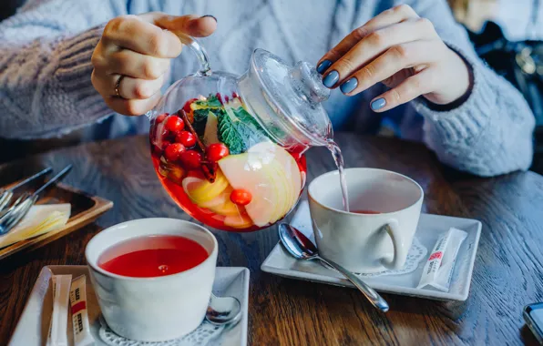 Glass, comfort, berries, table, tea, woman, hands, kettle