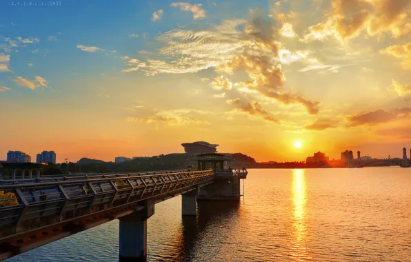 Sea, sunset, bridge, the city
