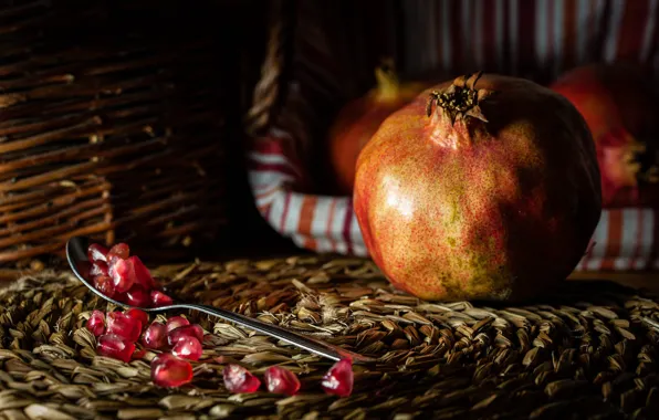 The dark background, spoon, still life, basket, netting, grenades, stand, garnet