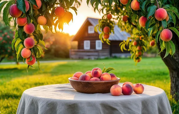Field, summer, leaves, the sun, branches, house, table, apples