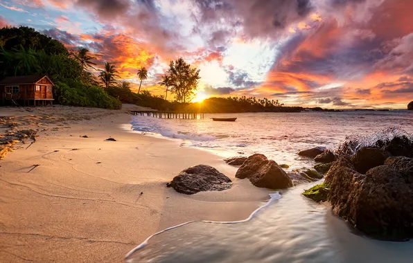 Sand, sea, wave, beach, the sky, the sun, clouds, rays