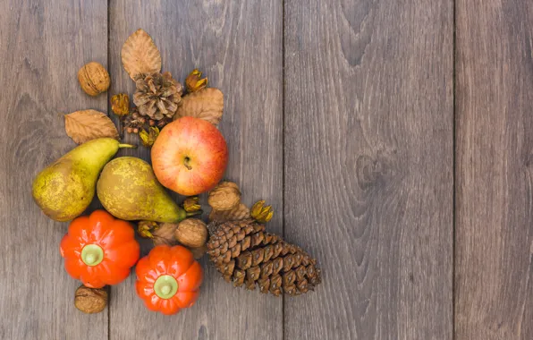 Autumn, leaves, apples, fruit, nuts, pear, wood, autumn