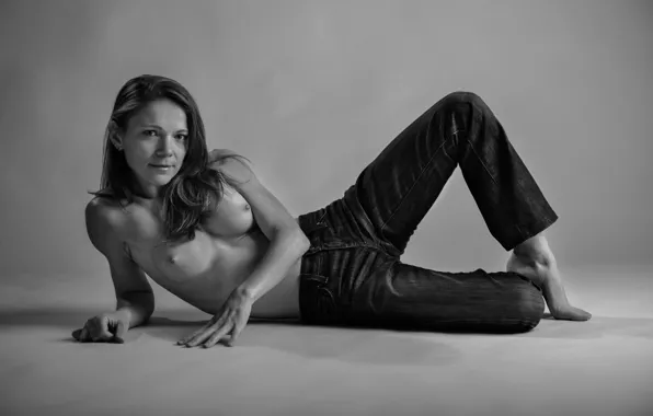 Nipples, dancer, jeans, nude, black and white, pose, petite