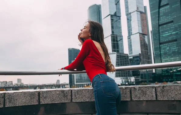 Picture ass, the city, pose, hair, building, Girl, jeans, figure