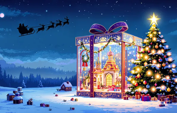 Forest, the sky, snow, decoration, gifts, house, tree, sleigh