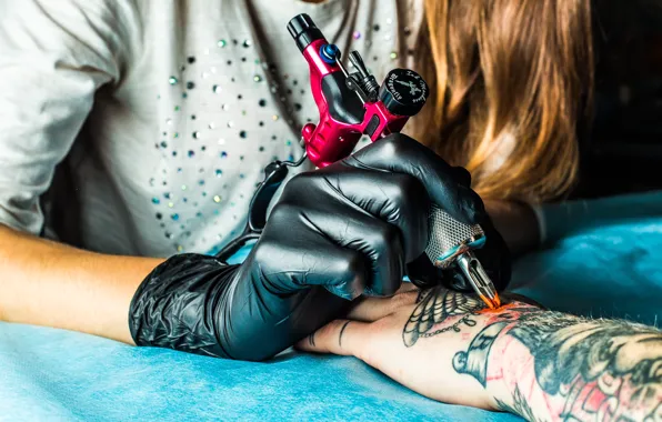 Picture woman, art, arm, latex gloves, tattooist