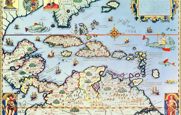 Map, Caribbean Islands and Florida, Theodore de Bry
