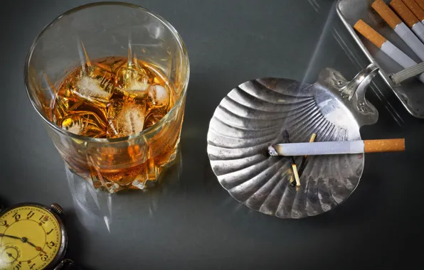Glass, style, retro, smoke, watch, cigarette, alcohol, whiskey