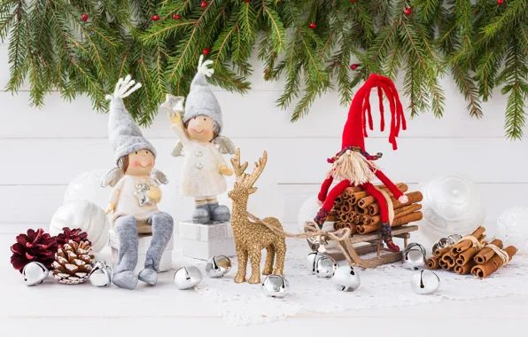Branches, toys, ate, angels, gifts, sled, figures, spices