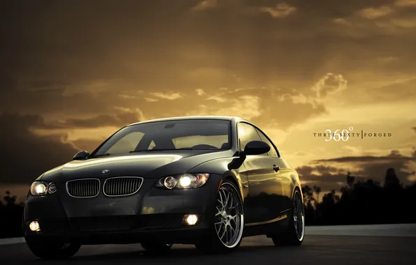 Sunset, black, BMW, BMW, black, 335i, the front part, 360 three sixty forged