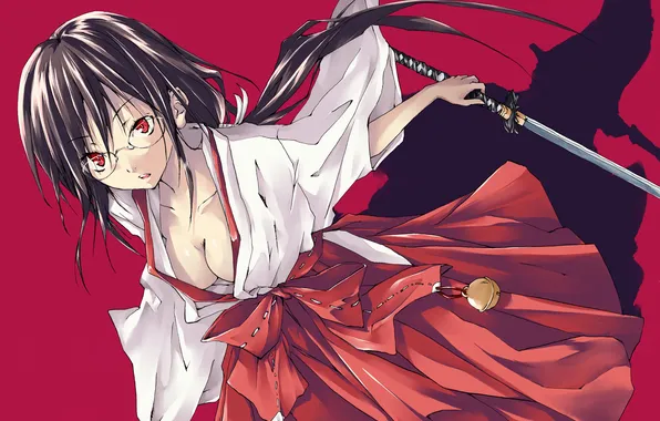 Girl, weapons, katana, glasses, red eyes, Blood C
