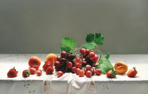 Berries, table, picture, strawberry, art, grapes, fruit, still life