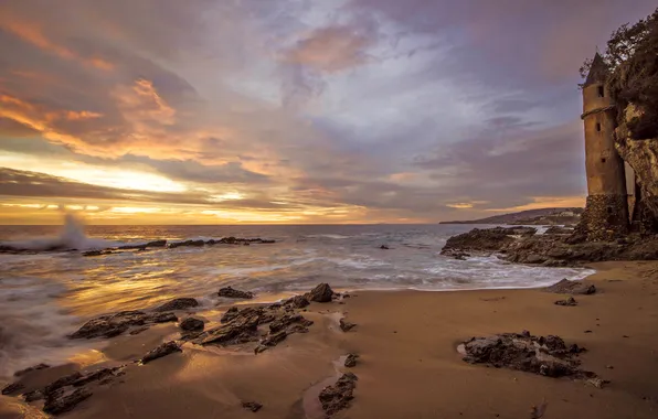 Sea, the sky, clouds, sunset, rock, lighthouse, tower, CA