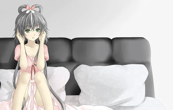 Girl, bed, pillow, vocaloid, sitting, luo tianyi