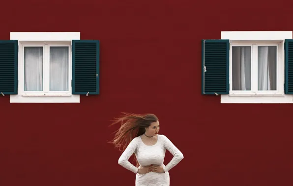 Girl, face, background, the wind, hair, Windows, dress