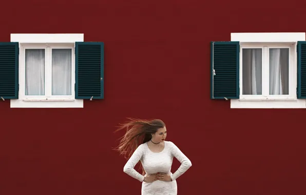 Picture girl, face, background, the wind, hair, Windows, dress