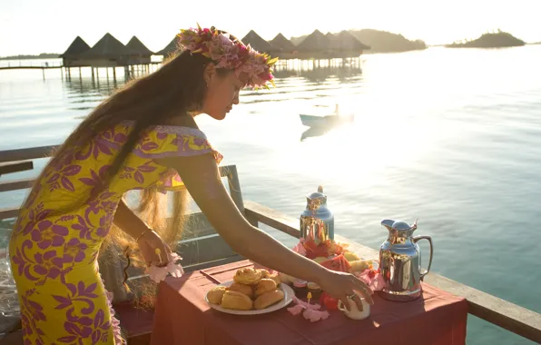 Wallpaper wreath, girl, the ocean, the Tahitian, resort, dress