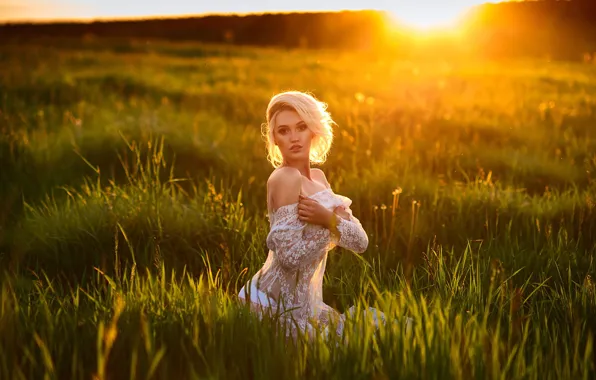 Picture girl, sunset, pose, meadow, Katerina Petrova